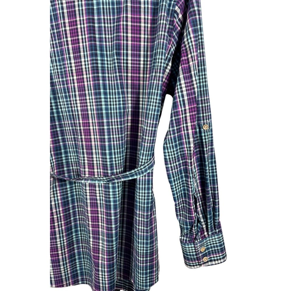 Peter Millar Women's XL Plaid Stretch Button-Up Shirt Tie Belt Roll tab Sleeves - Picture 6 of 12